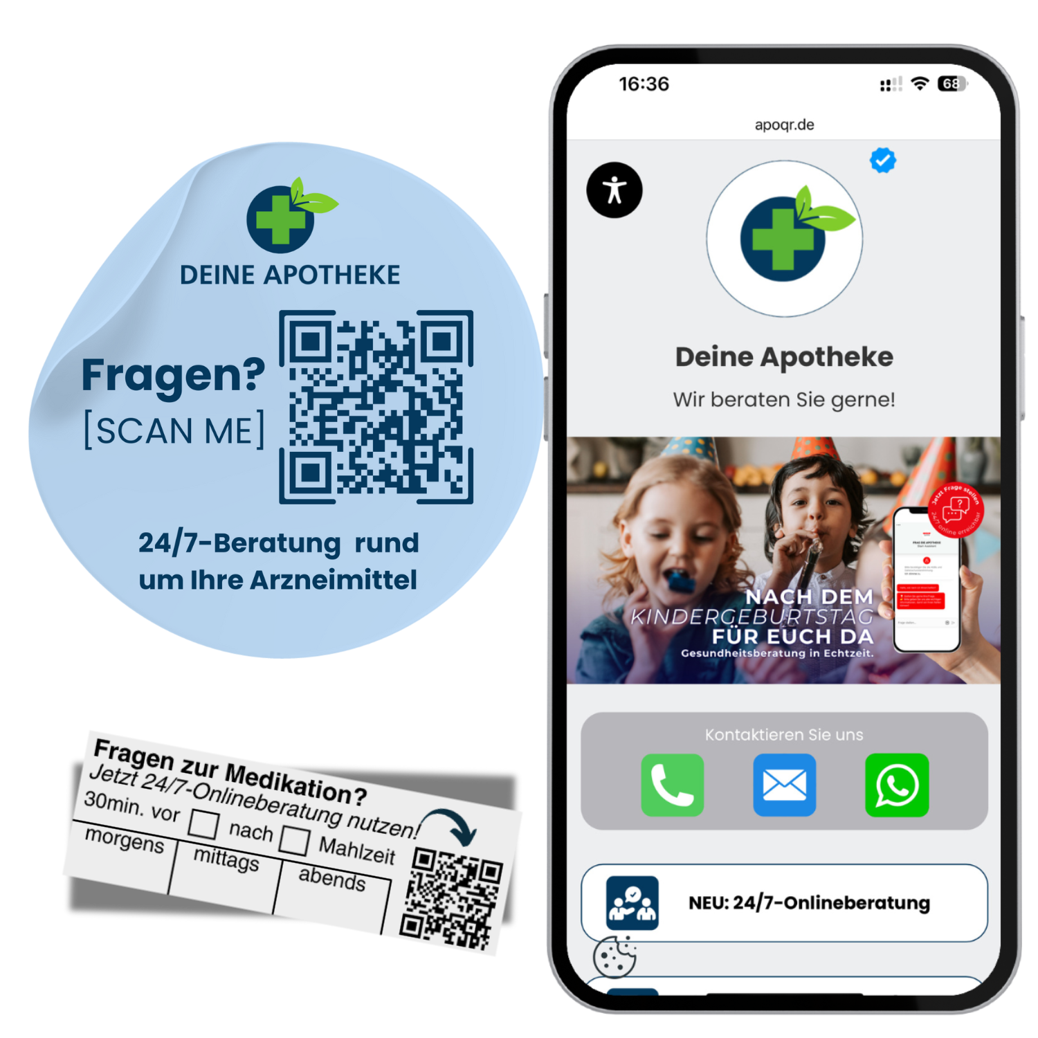 Ein Telefon mit der App „Deine Apotheke“, einem QR-Code-Aufkleber und einem Medikamenteninformationszettel, das mit blauem und grünem Branding für die rund um die Uhr verfügbare Apothekenberatung und Medikamenteninformationen wirbt – unterstützt vom Apotheken ContactCenter.