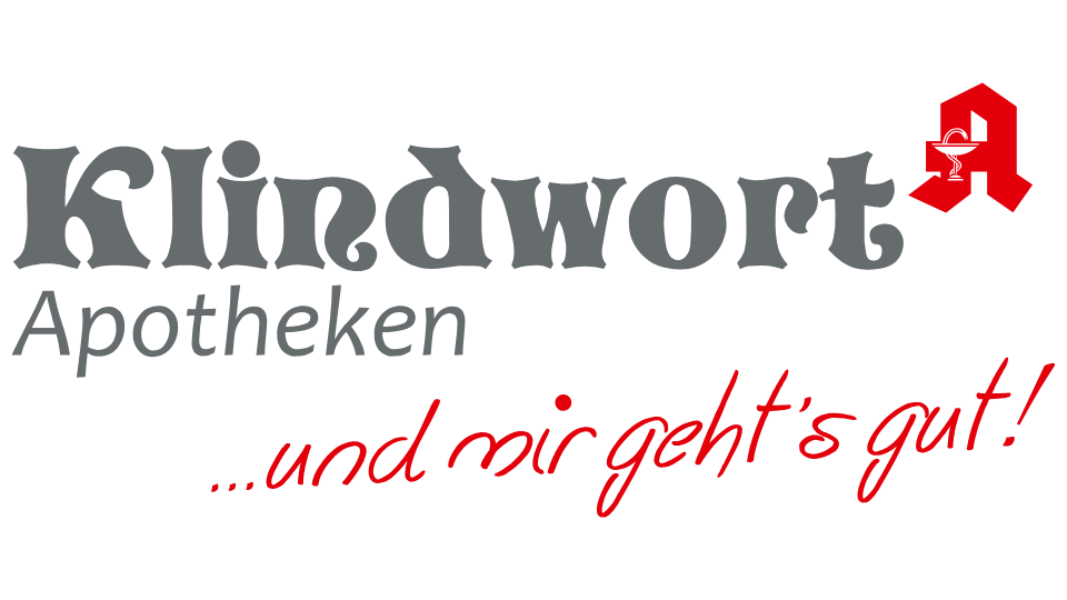 Logo mit Klindwort Apotheken in grauer Schrift, einem roten Apothekensymbol und der deutschen Phrase ...und mir gehts gut! unten in roter Schrift geschrieben.