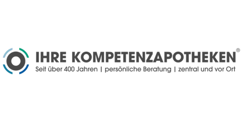 Logo mit kreisförmiger Grafik und Text: IHRE KOMPETENZAPOTHEKEN. Seit über 400 Jahren | persönliche Beratung | zentral und vor Ort auf hellem Hintergrund.