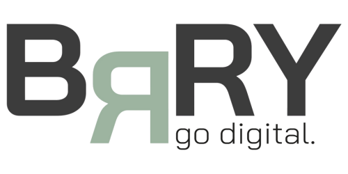 BRRY Logo Logo mit dem Text BRRY go digital. Das erste R in BRRY ist gespiegelt und hellgrün gefärbt, während der Rest des Textes schwarz ist.